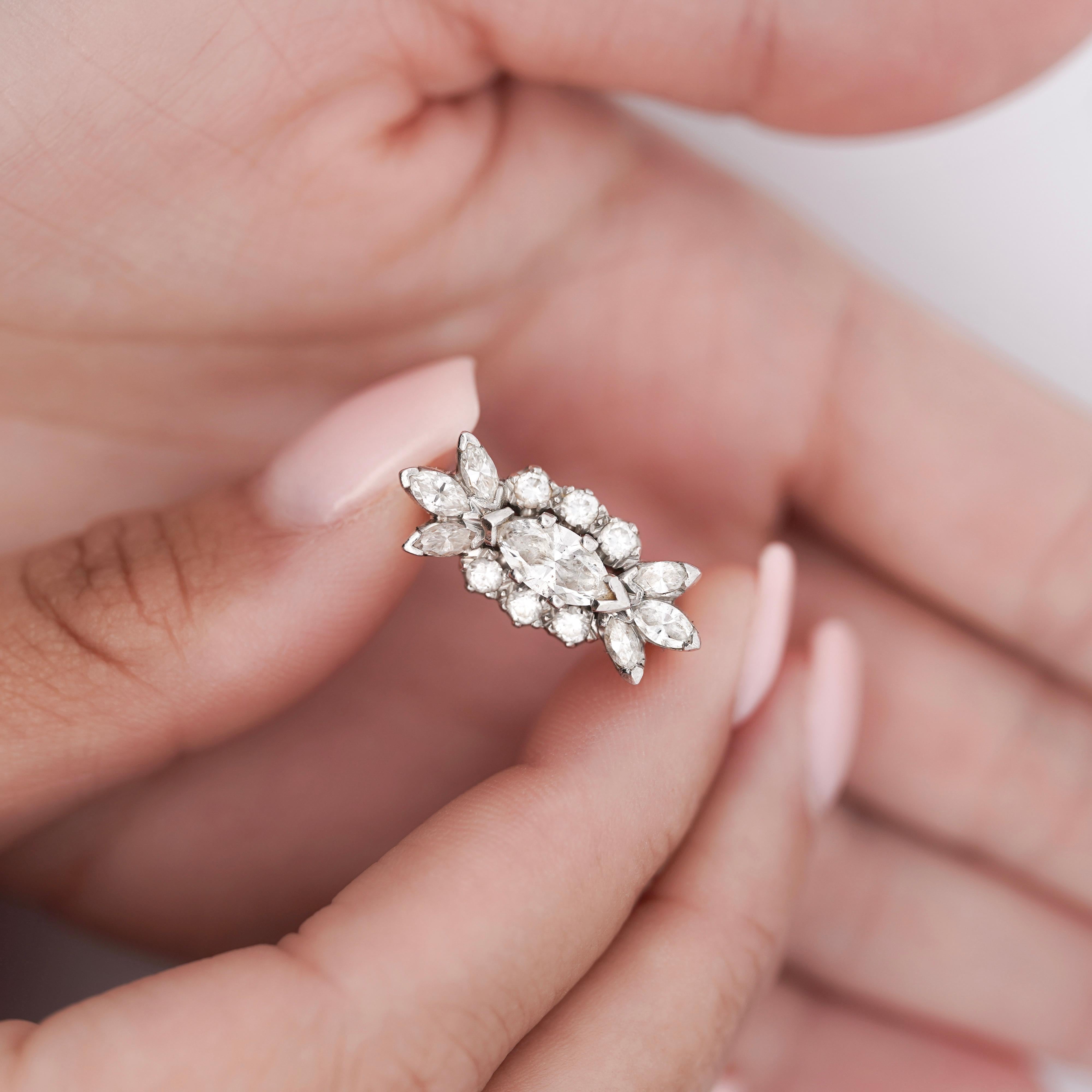 Vintage 1.85 Carat Marquise Cut Diamond Cocktail Platinum East-West Ring For Sale 2