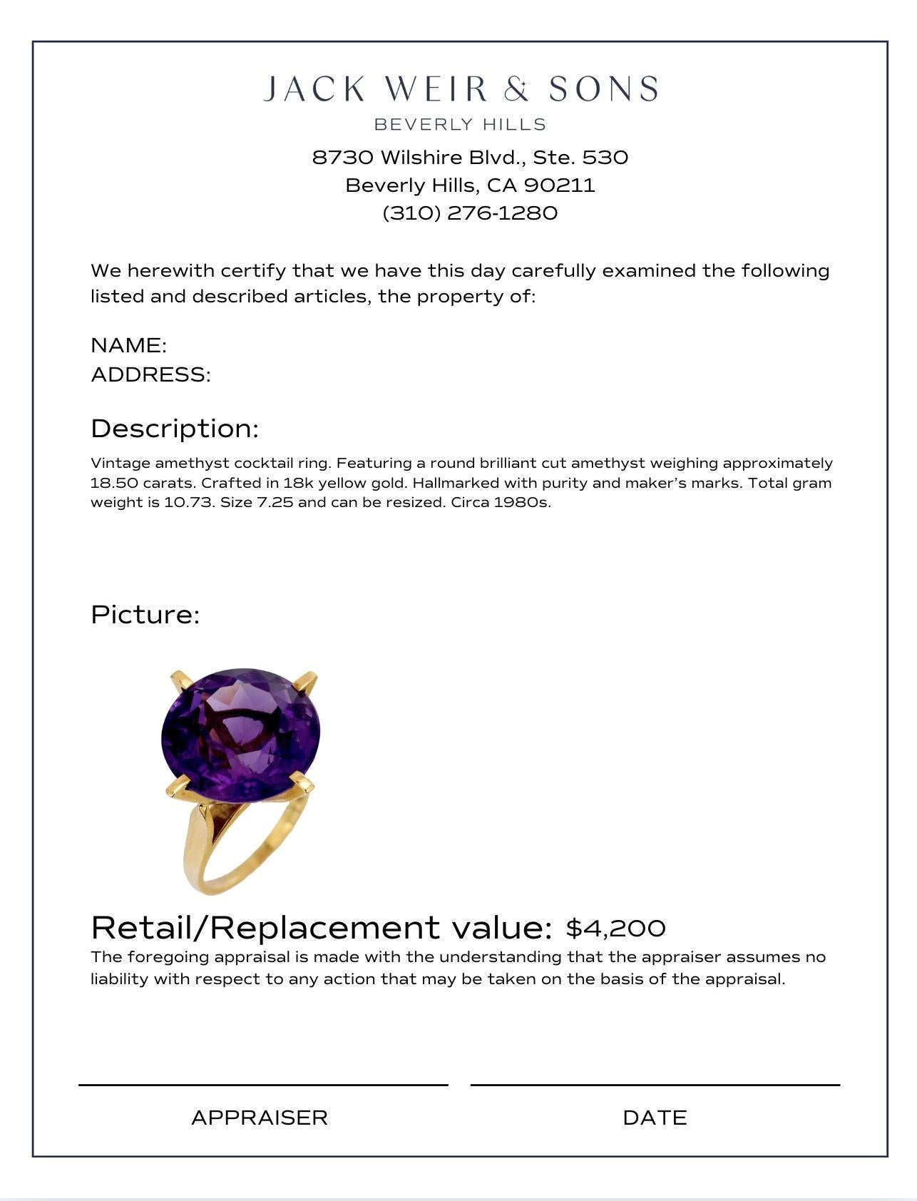 Women's or Men's Vintage 18.50 carat amethyst 18k yellow gold cocktail ring For Sale
