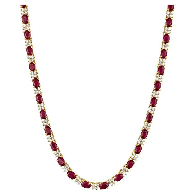 Vintage 18.50ctw Oval Cut Ruby & 4.10ctw Diamond Necklace, 14 Karat Yellow Gold For Sale