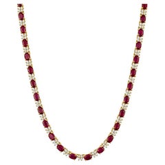Vintage 18.50ctw Oval Cut Ruby & 4.10ctw Diamond Necklace, 14 Karat Yellow Gold