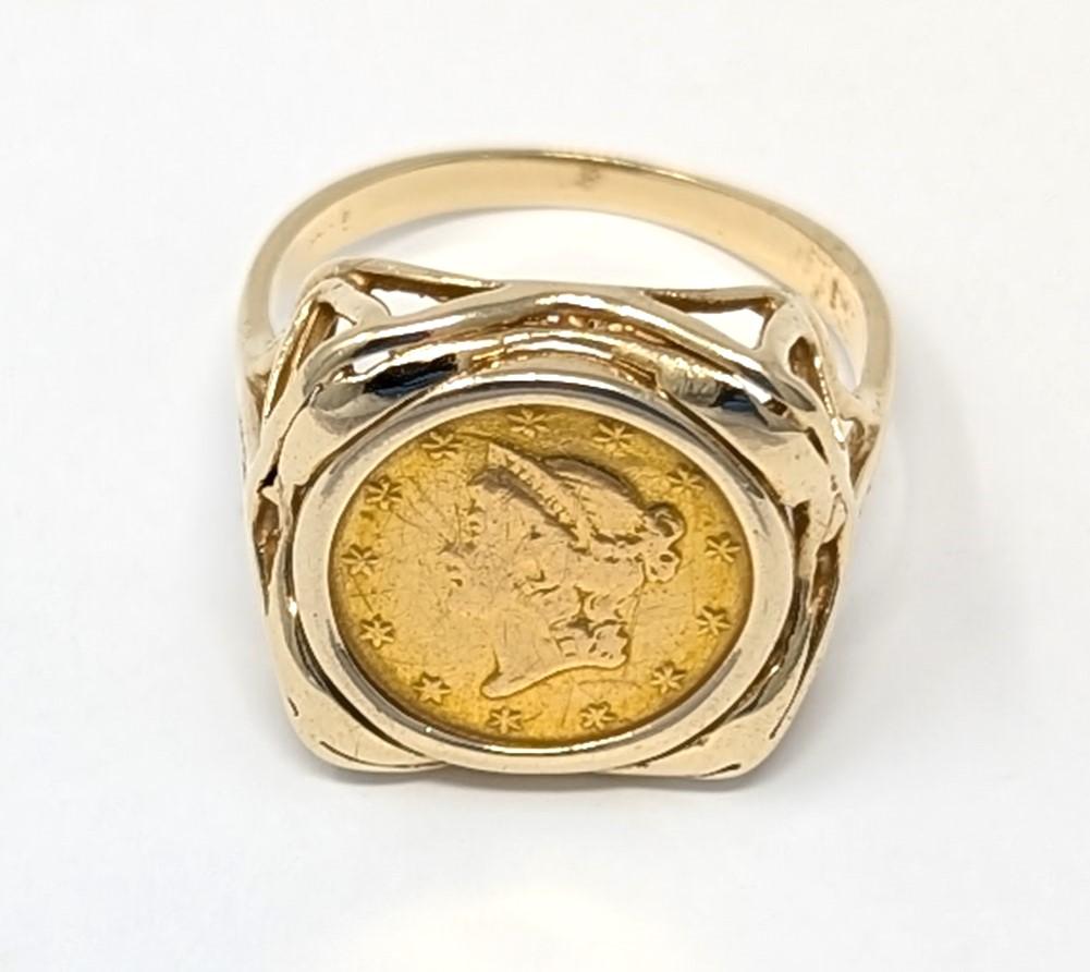 Bague de monnaie Liberty Head en or et or jaune 14 carats avec cadre, taille 7,5, 1851 en vente 1