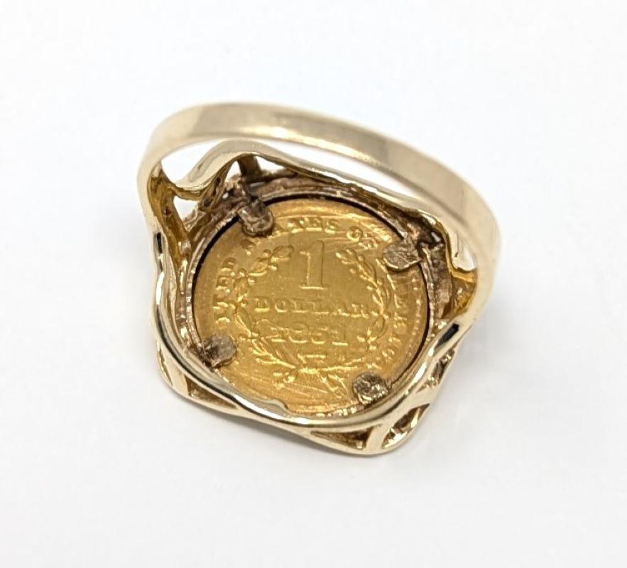 Bague de monnaie Liberty Head en or et or jaune 14 carats avec cadre, taille 7,5, 1851 en vente 2