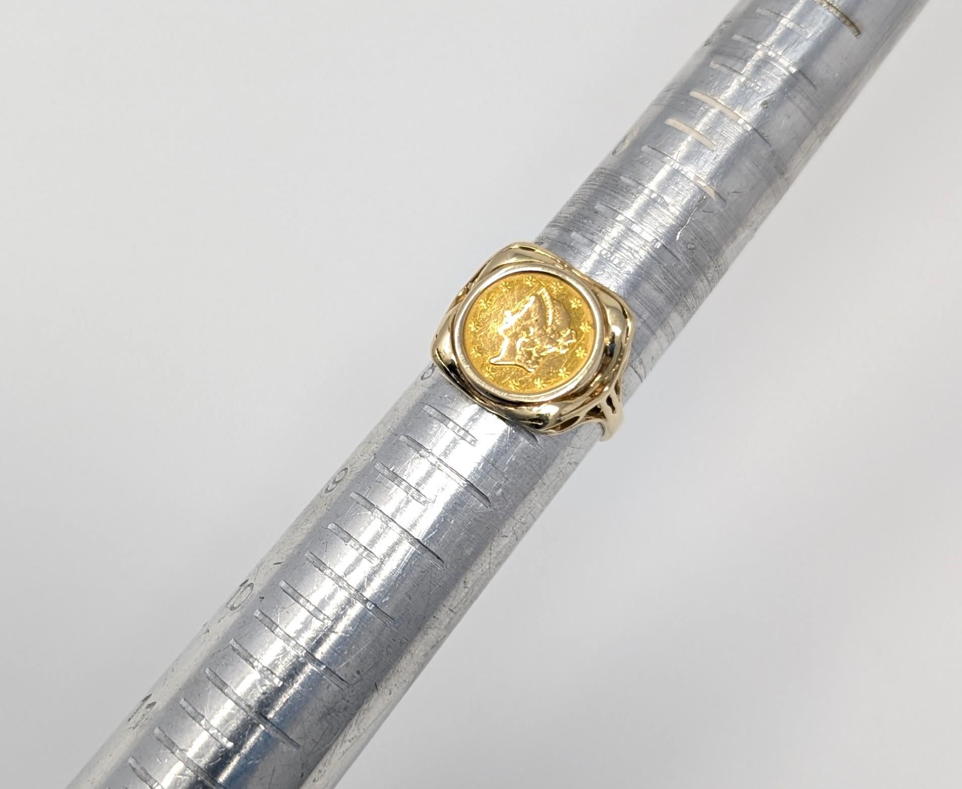 Bague de monnaie Liberty Head en or et or jaune 14 carats avec cadre, taille 7,5, 1851 en vente 3