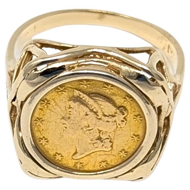 Anillo vintage 1851 Liberty Head Gold Dollar Coin 14k Yellow Gold Frame Tamaño 7.5