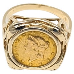 Vintage 1851 Liberty Head Gold Dollar Coin Ring 14k Yellow Gold Frame Size 7.5