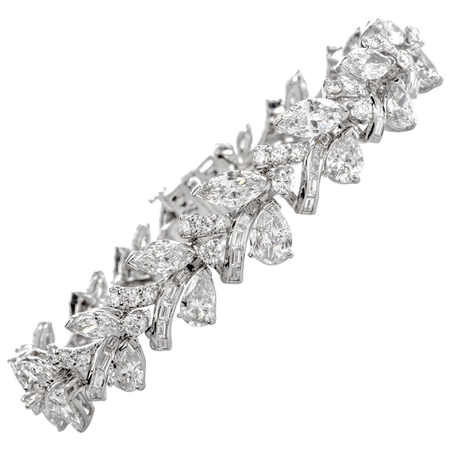 Vintage 18.52 Carat Pear Marquise Baguette Diamond Platinum Cocktail Bracelet