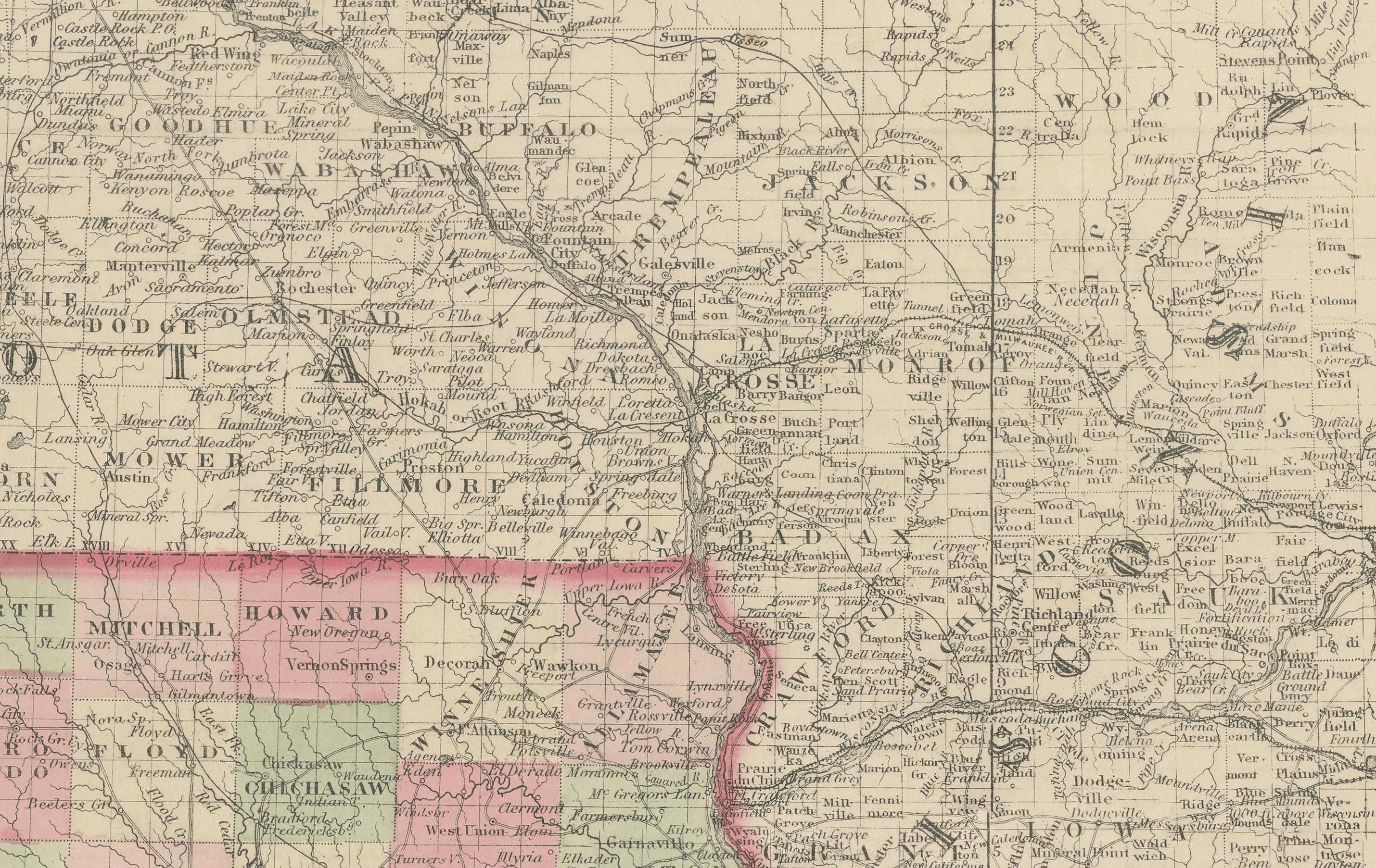 Carta geografica antica dell'Iowa e del Nebraska di Johnson e Ward, 1862

Questa mappa antica splendidamente dettagliata, pubblicata nel 1862, raffigura gli stati dell'Iowa e del Nebraska durante la metà del XIX secolo, un periodo di rapido sviluppo