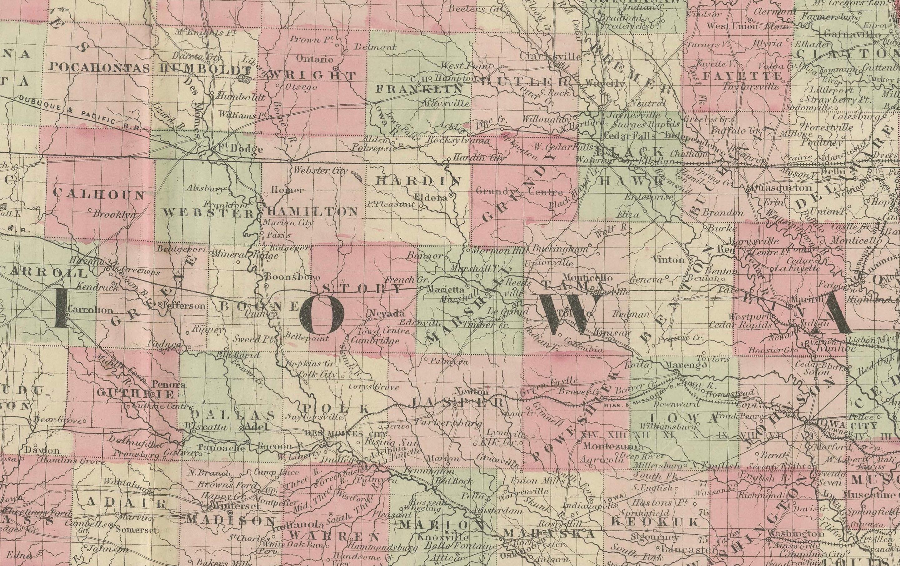 Mappa dell'Iowa e del Nebraska del 1862 - Stampa atlante decorativa In condizioni buone in vendita a Langweer, NL