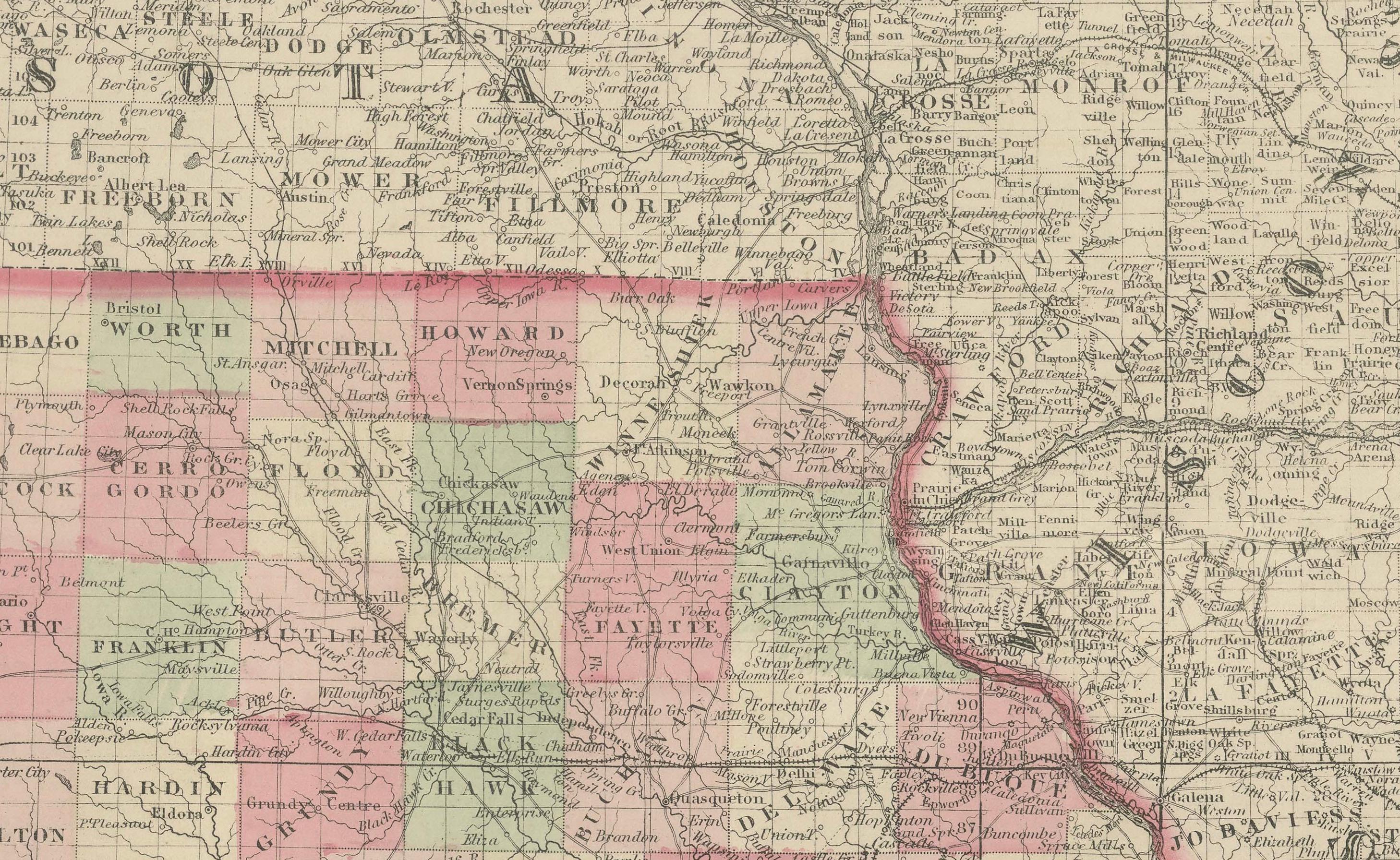Metà XIX secolo Mappa dell'Iowa e del Nebraska del 1862 - Stampa atlante decorativa in vendita