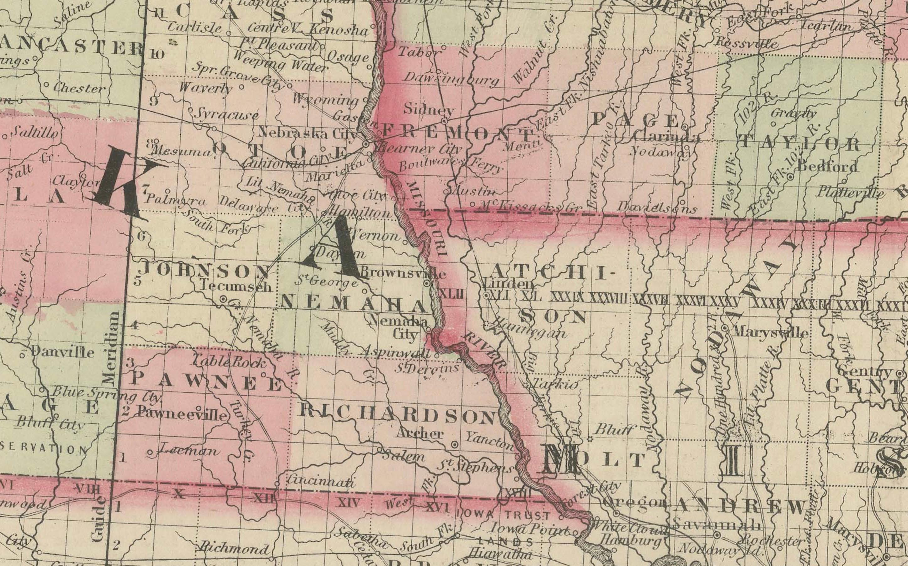 Mappa dell'Iowa e del Nebraska del 1862 - Stampa atlante decorativa in vendita 1