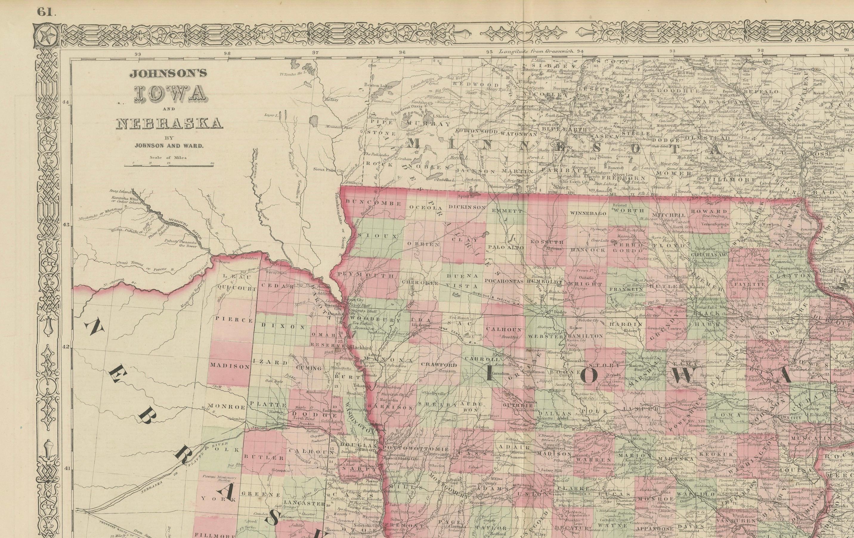 Mappa dell'Iowa e del Nebraska del 1862 - Stampa atlante decorativa in vendita 2