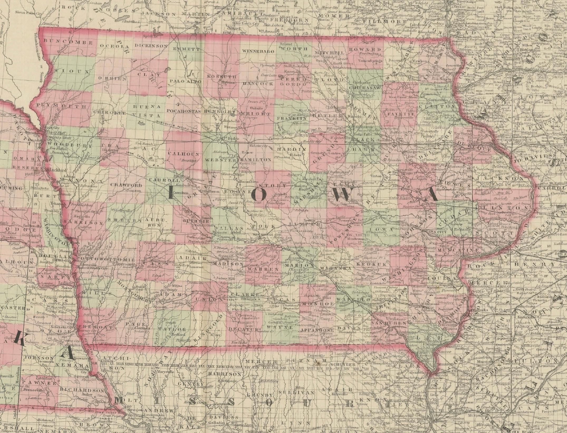 Mappa dell'Iowa e del Nebraska del 1862 - Stampa atlante decorativa in vendita 3