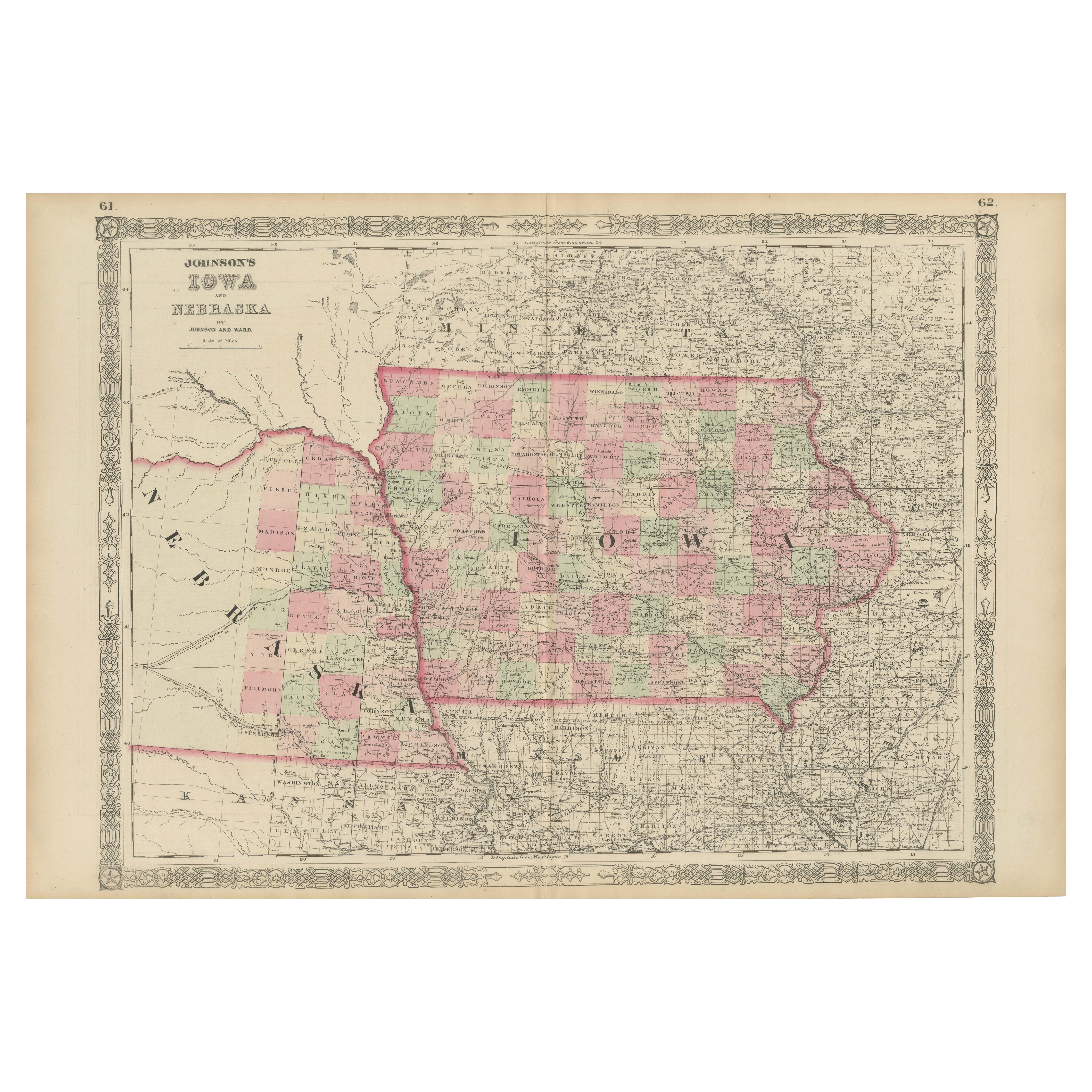 Mappa dell'Iowa e del Nebraska del 1862 - Stampa atlante decorativa in vendita