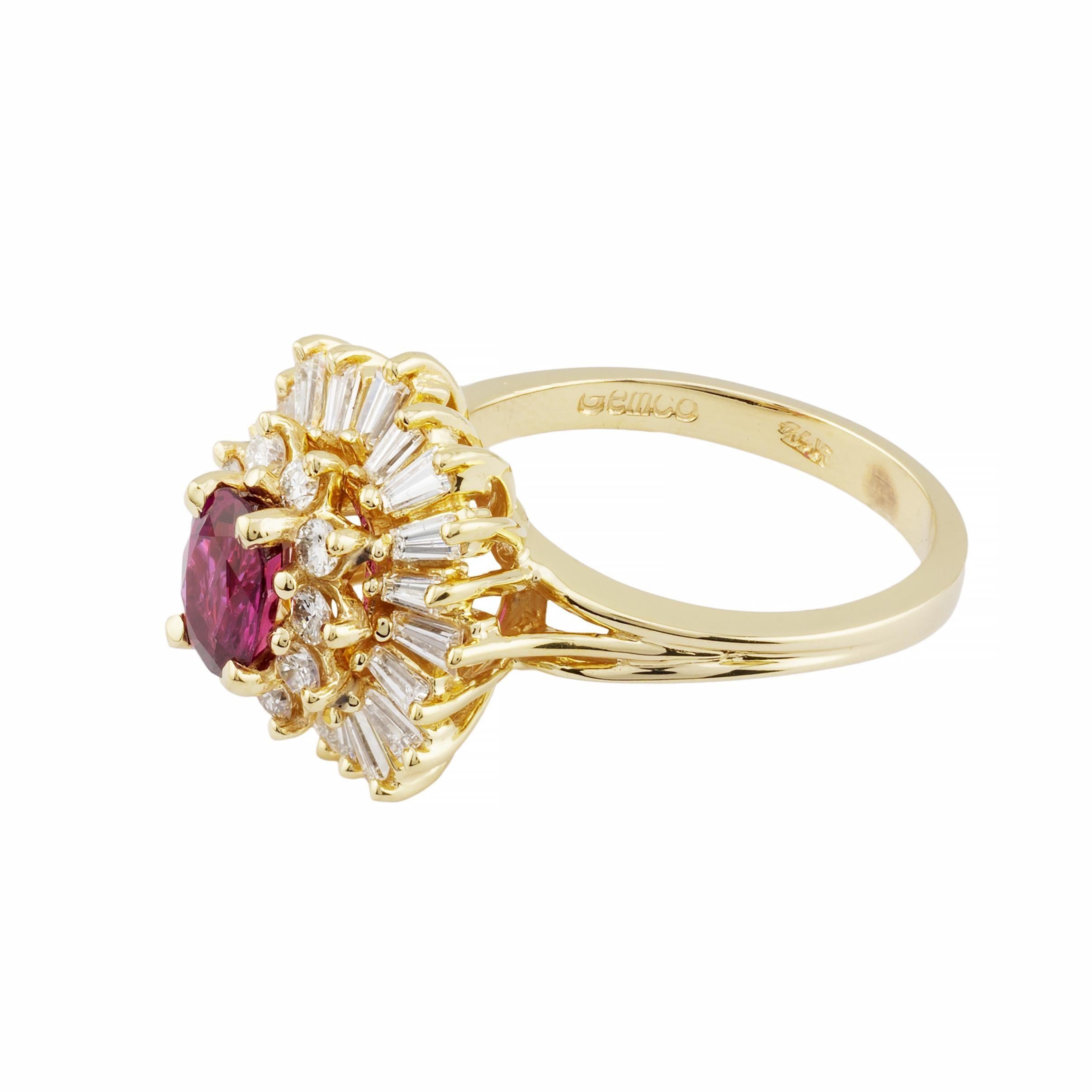 Vintage 1.86ctw Ruby & Diamond Ballerina Ring in 14K Yellow Gold In Good Condition In Boston, MA