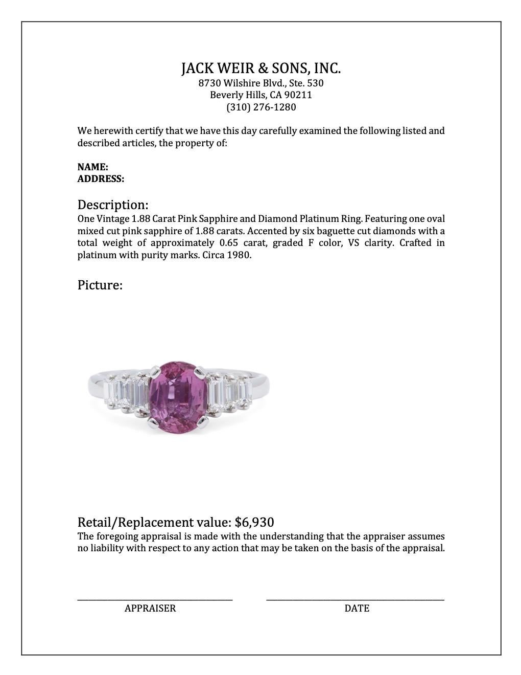 Vintage 1.88 Carat Pink Sapphire and Diamond Platinum Ring 2