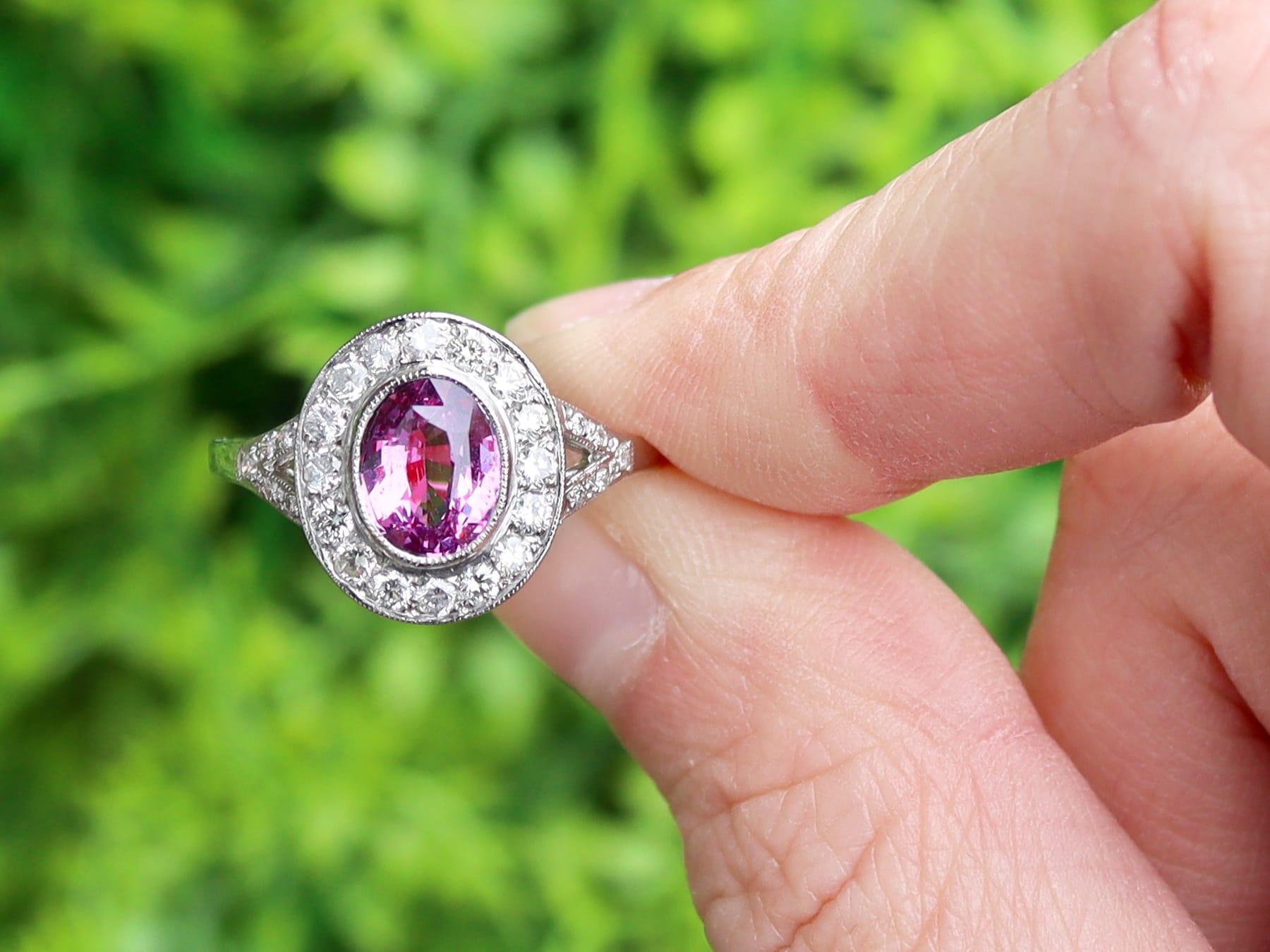 A fine and impressive 1.88 carat pink sapphire and 0.56 carat diamond, and platinum dress ring; part of our diverse vintage sapphire engagement rings collection

This fine and impressive pink sapphire and diamond ring has been crafted in