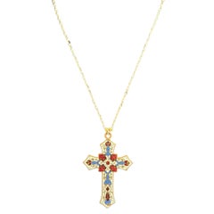 Vintage 1890s Ivory Enamel Cross Pendant Necklace