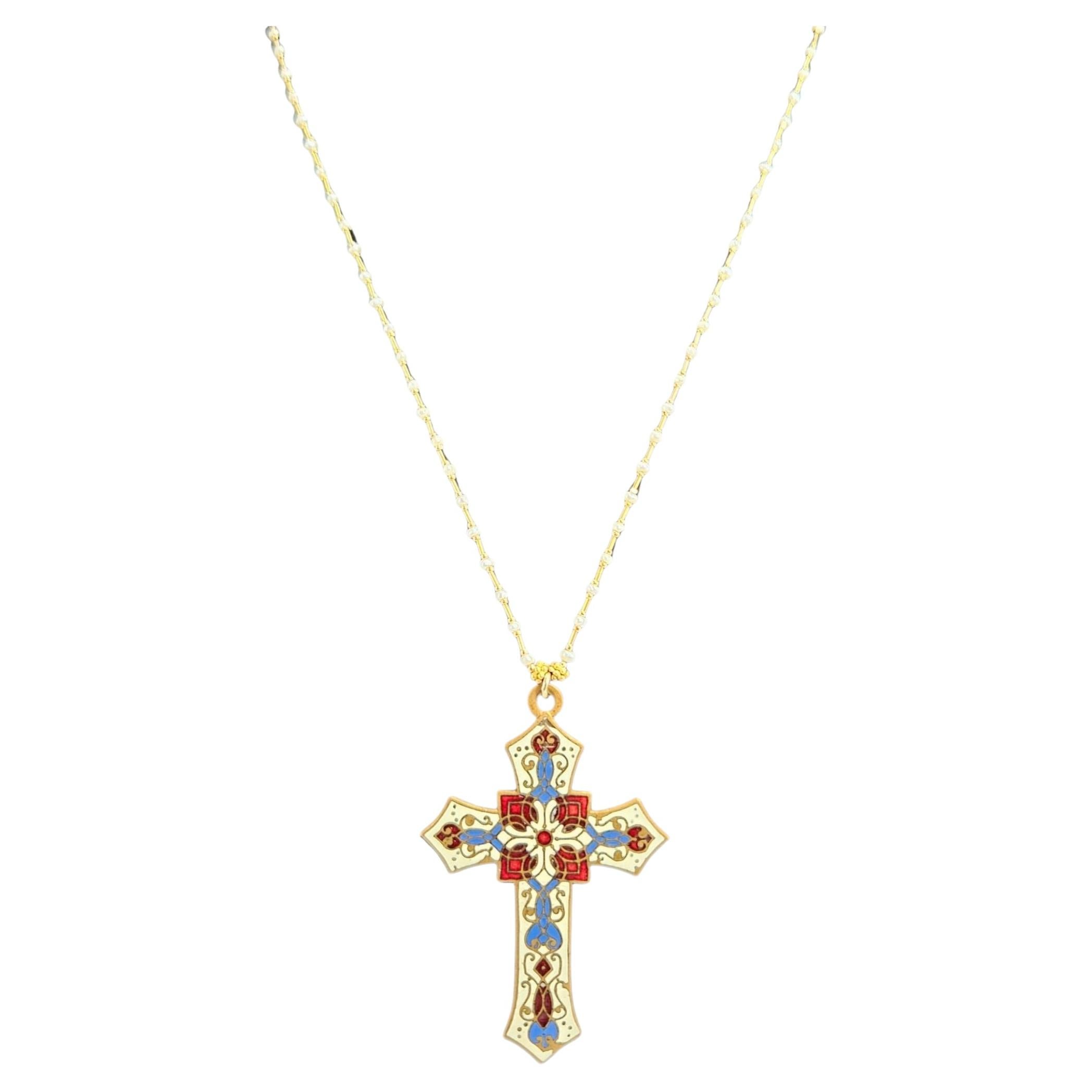 Vintage 1890s Ivory Enamel Cross Pendant Necklace