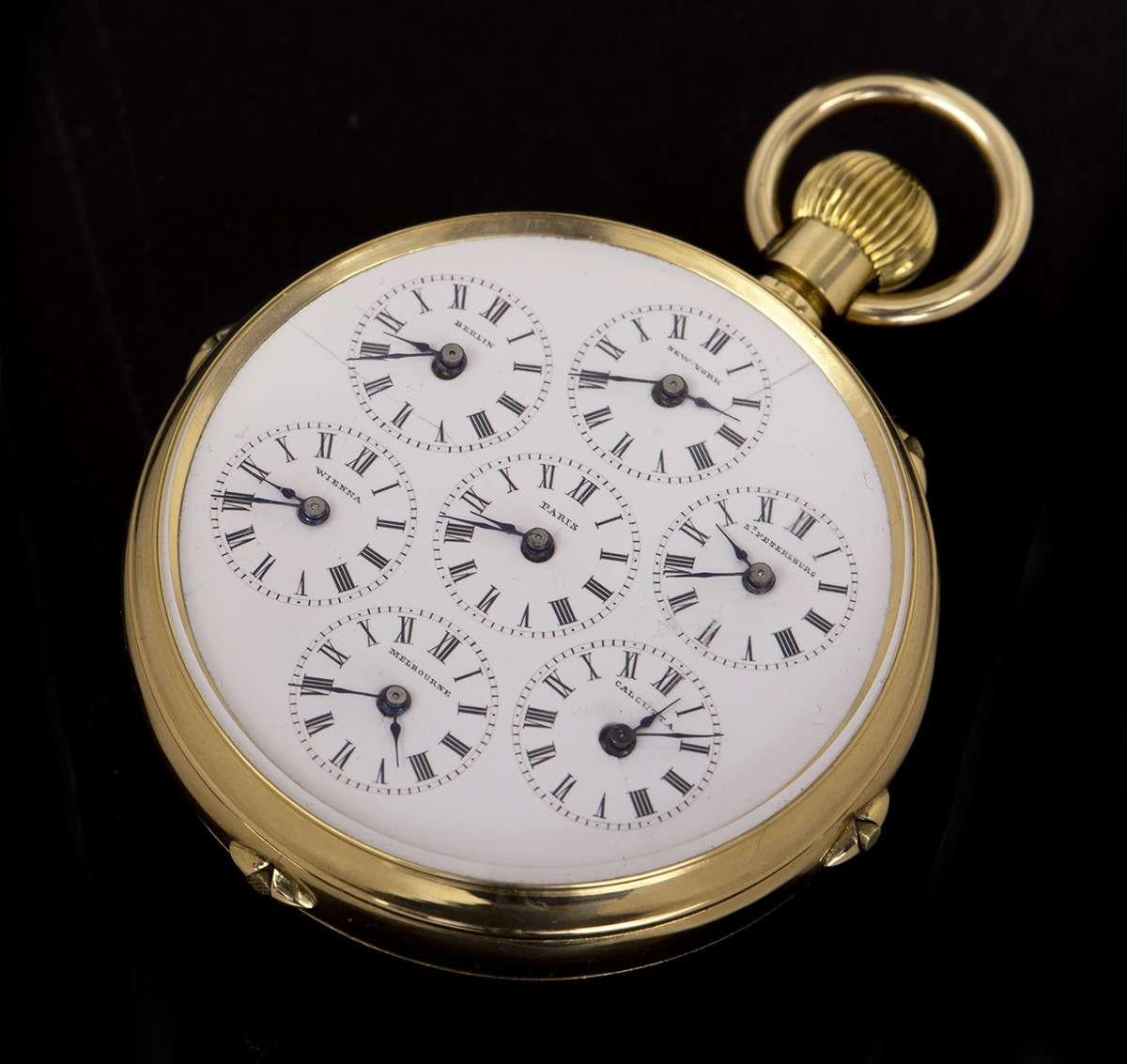 Vintage 1890s Rare World Time Full Calendar Pocket Watch 18 Karat Yellow Gold In Excellent Condition In London, GB