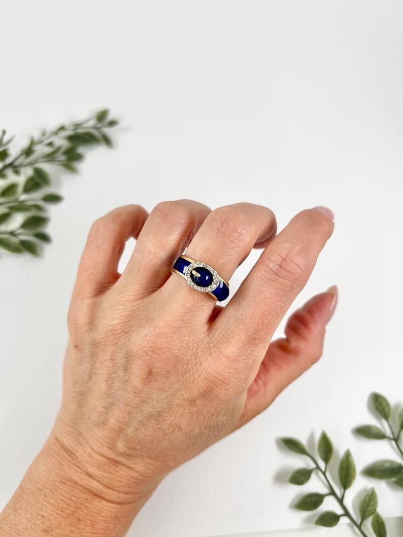 Vintage 18ct Gold 1930s Royal Blue Enamel & Rose Cut Diamond Buckle/Belt Ring For Sale 6