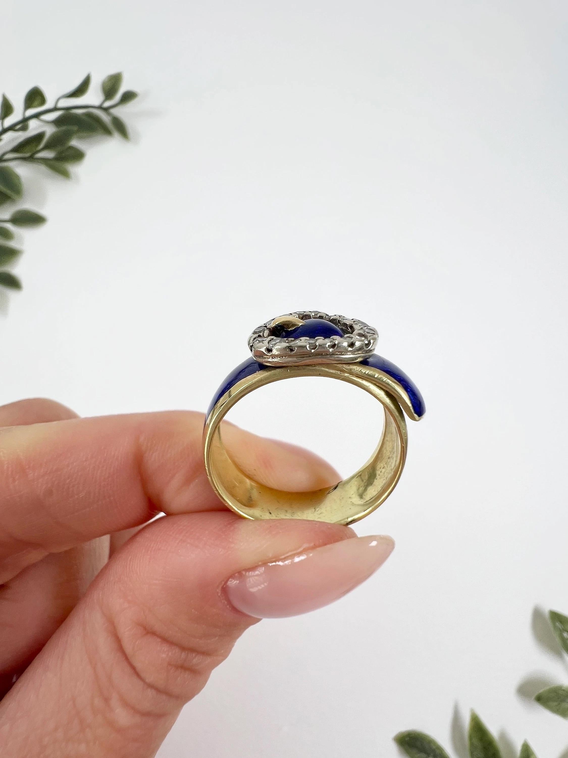Vintage 18ct Gold 1930s Royal Blue Enamel & Rose Cut Diamond Buckle/Belt Ring For Sale 7