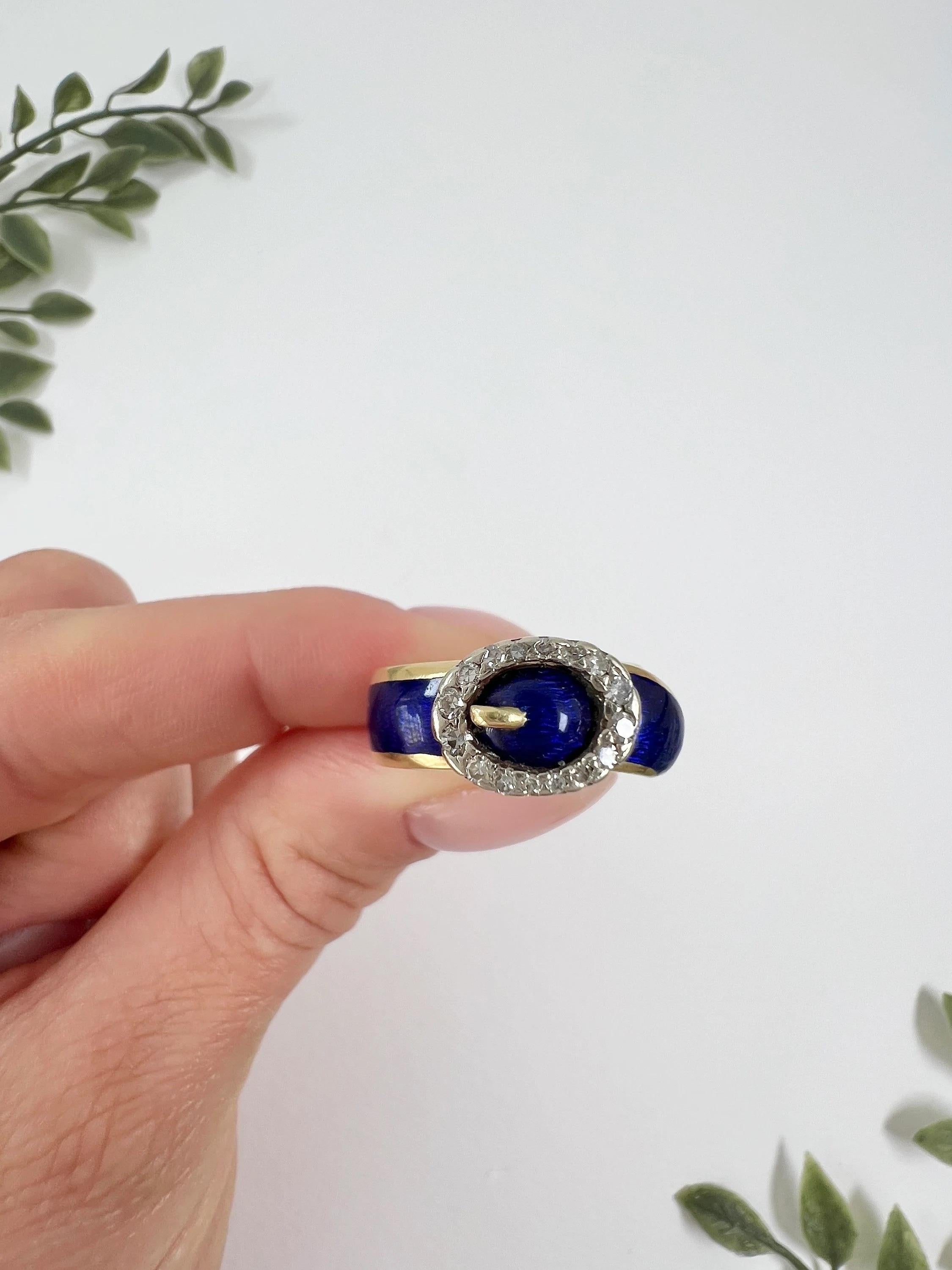 Vintage 18ct Gold 1930s Royal Blue Enamel & Rose Cut Diamond Buckle/Belt Ring For Sale 1