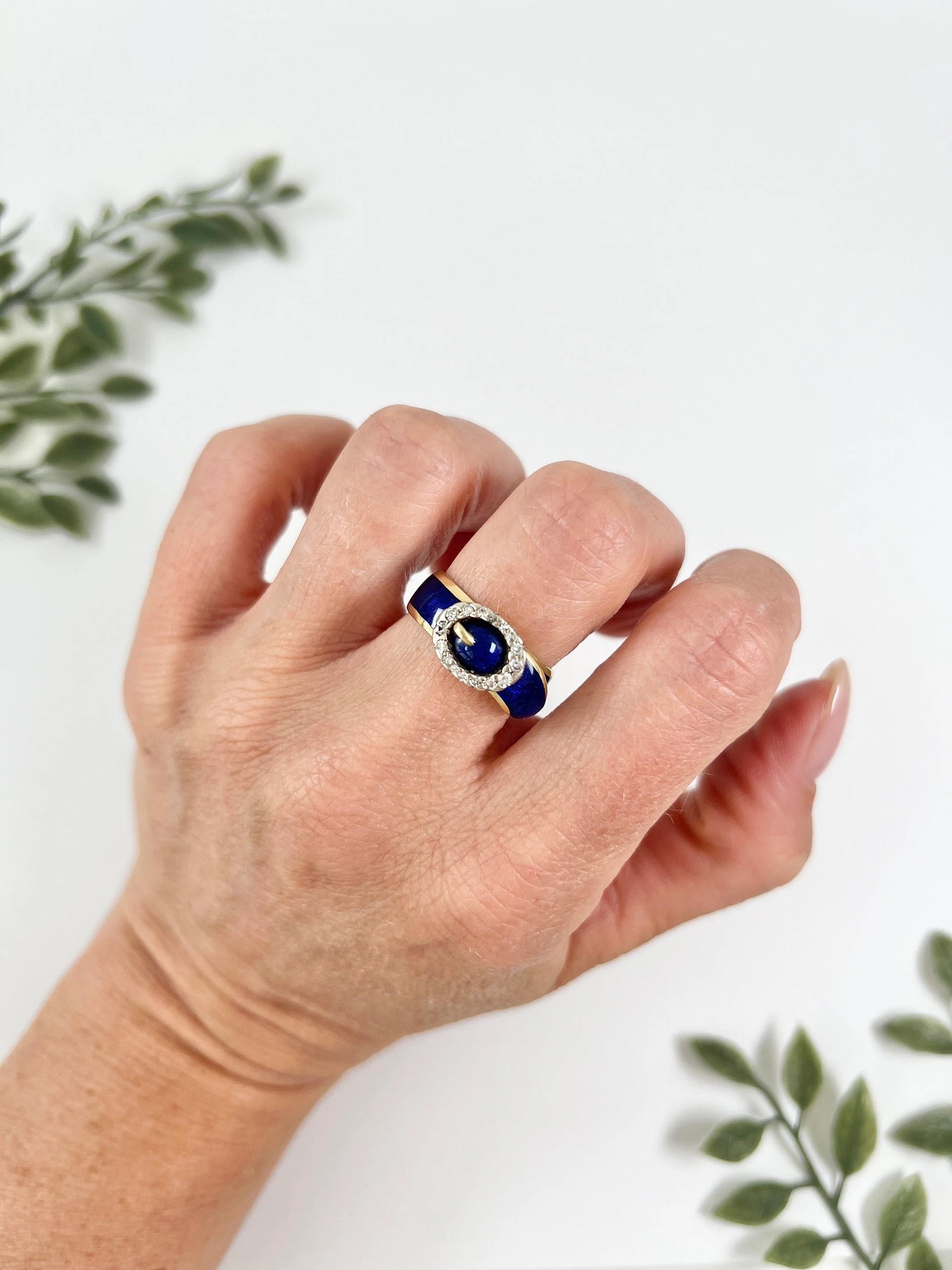 Vintage 18ct Gold 1930s Royal Blue Enamel & Rose Cut Diamond Buckle/Belt Ring For Sale 2