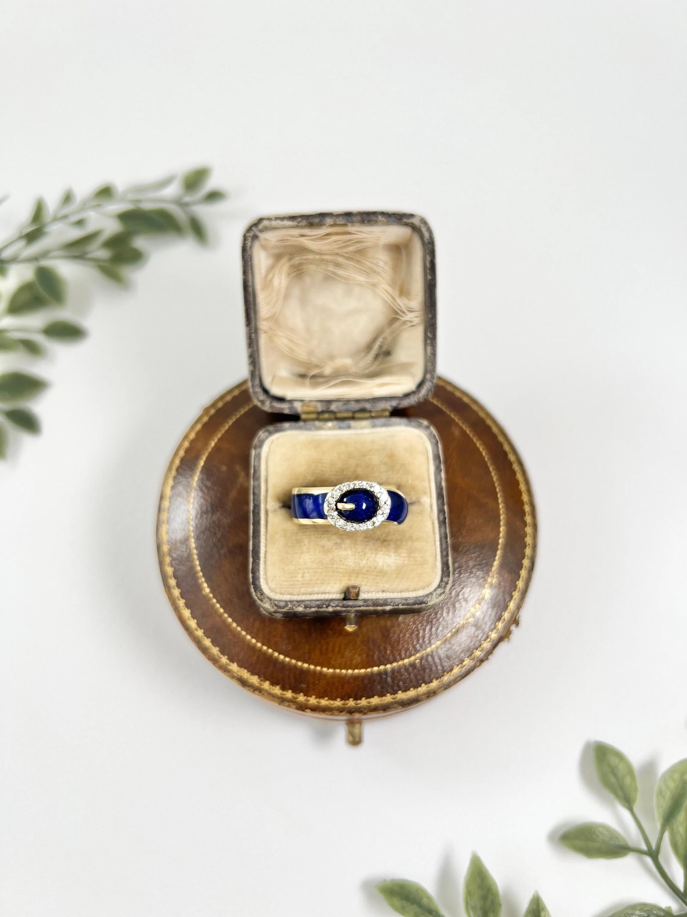 Vintage 18ct Gold 1930s Royal Blue Enamel & Rose Cut Diamond Buckle/Belt Ring For Sale 5