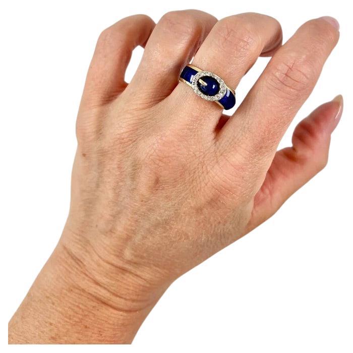Vintage 18ct Gold 1930s Royal Blue Enamel & Rose Cut Diamond Buckle/Belt Ring For Sale