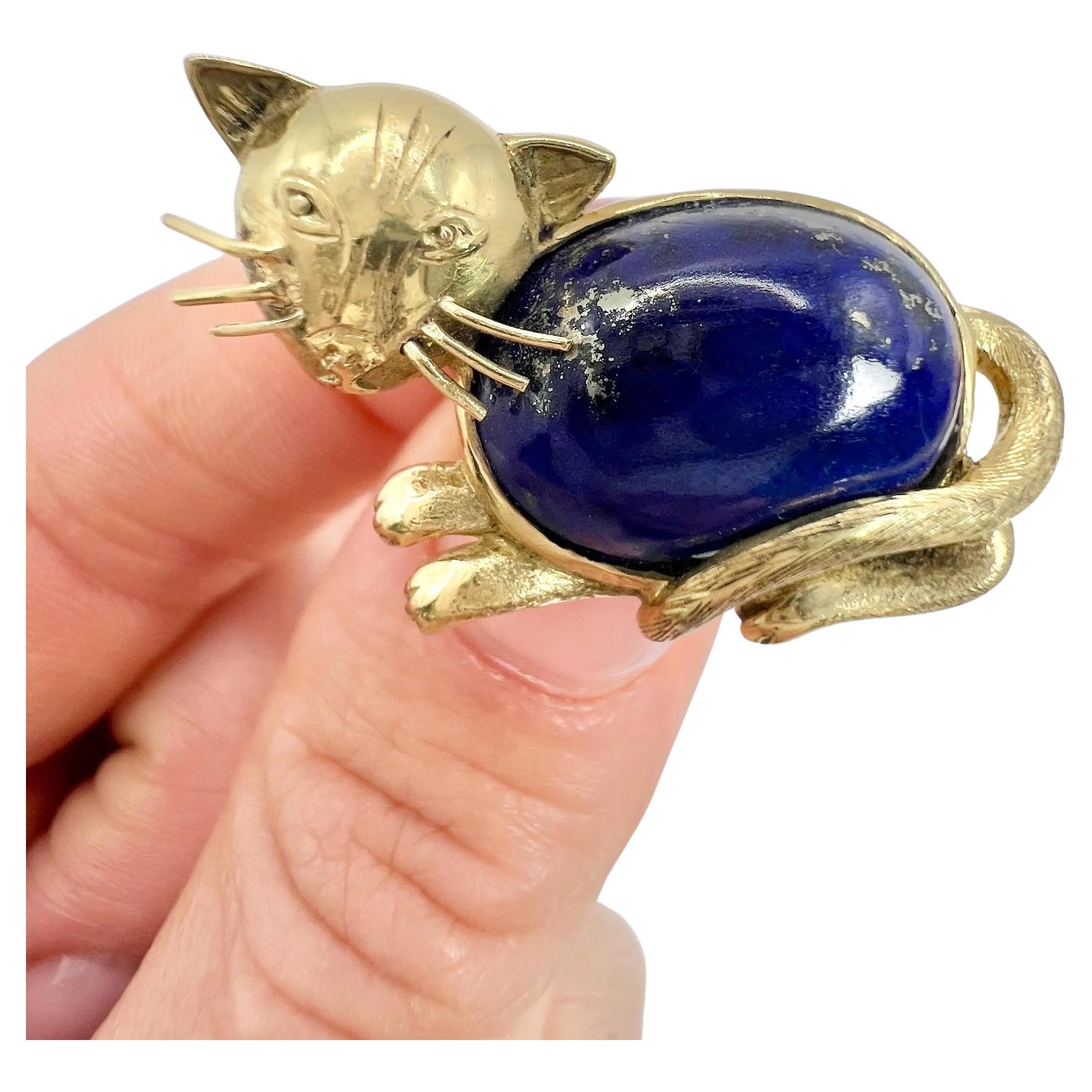 Vintage 18ct Gold, 1960s Cabochon Lapis Lazuli Cat Brooch