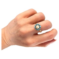 Bague marguerite en or 18ct des années 1960 avec turquoise et perles