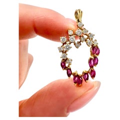 Vintage 18ct Gold 1980s Marquise Ruby & Diamond Pendent with Figaro Chain