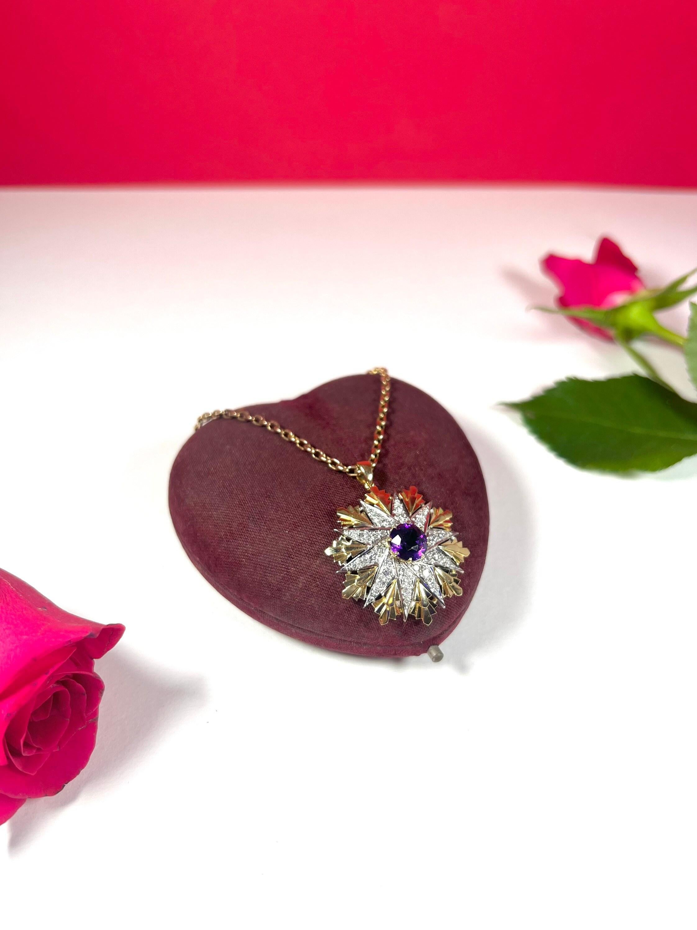 Vintage Amethyst & Diamond Pendant 

18ct Gold Tested

Circa 1940’s

Stunning 18ct Yellow & White Gold Pendant 
Fabulous 10 Point Star Design with Centre Faceted Amethyst & White Gold, Diamond Set Points. The Yellow Gold Deco Inspired Fans Really