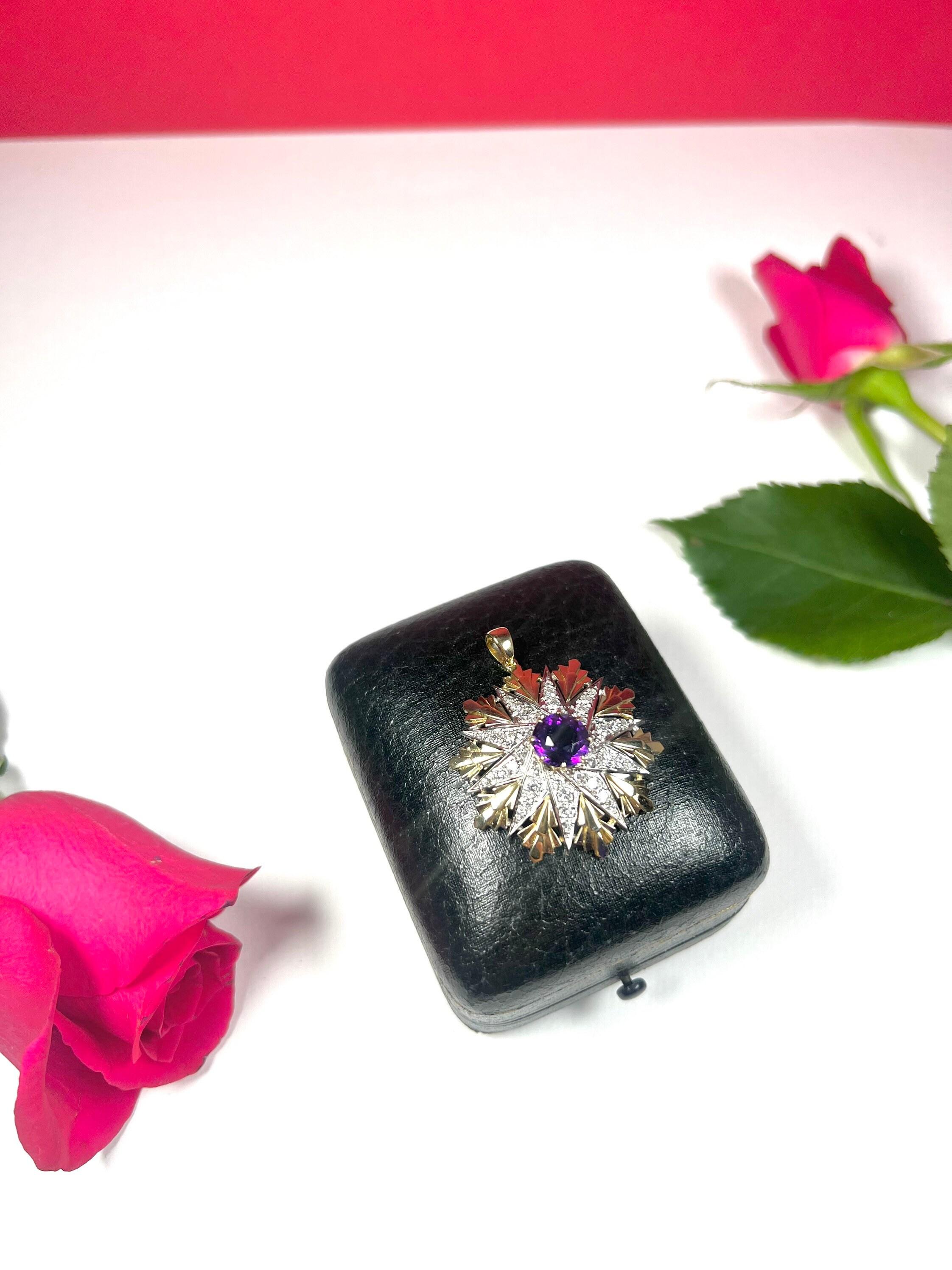 Taille ronde Pendentif étoile vintage en or 18 carats, améthyste et diamants en vente