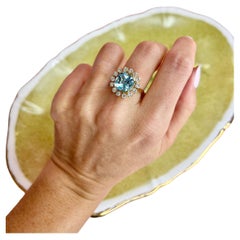 Vintage 18ct Gold Blue Topaz & Diamond Statement Ring