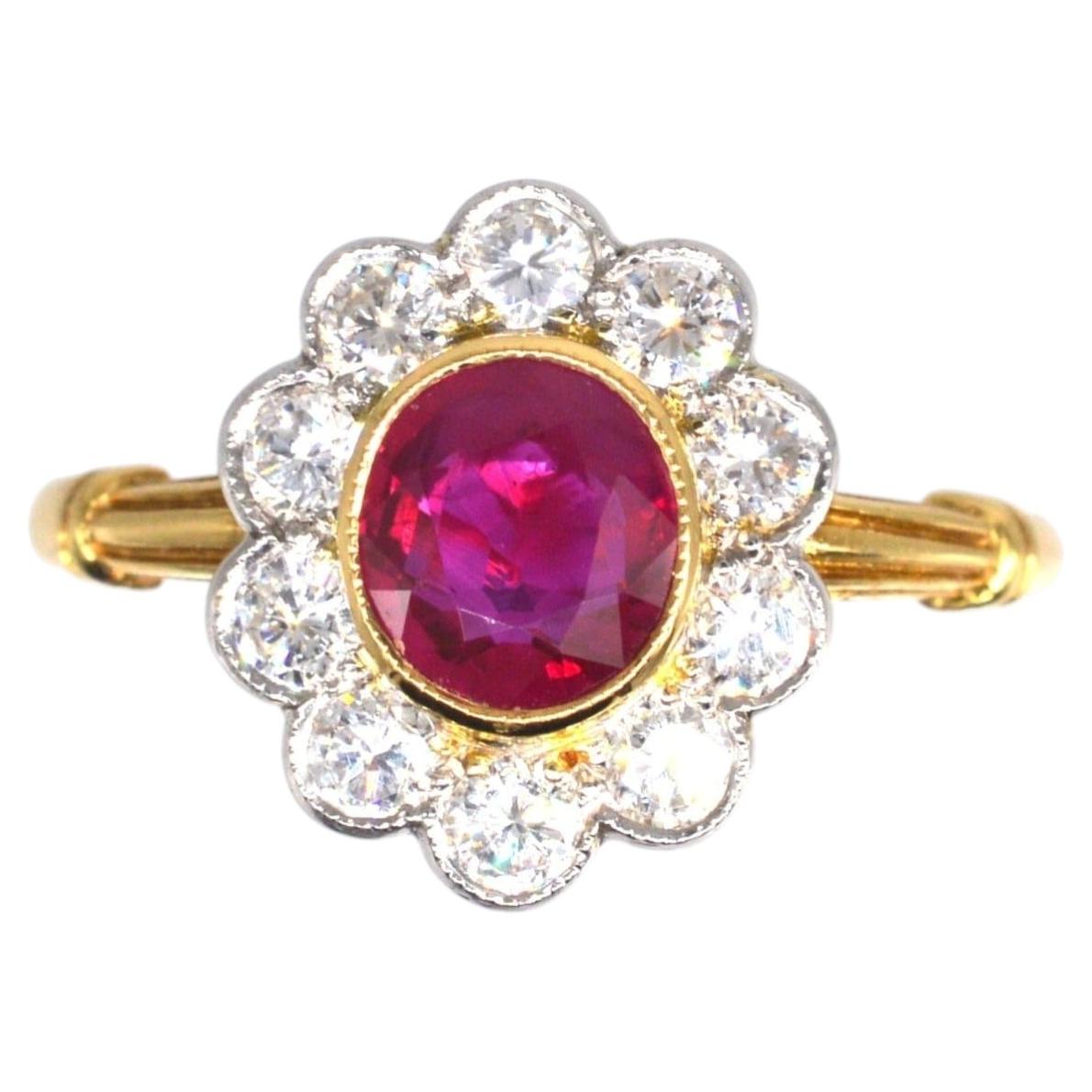 Vintage 18ct Gold Burma Ruby and Diamond Cluster Ring