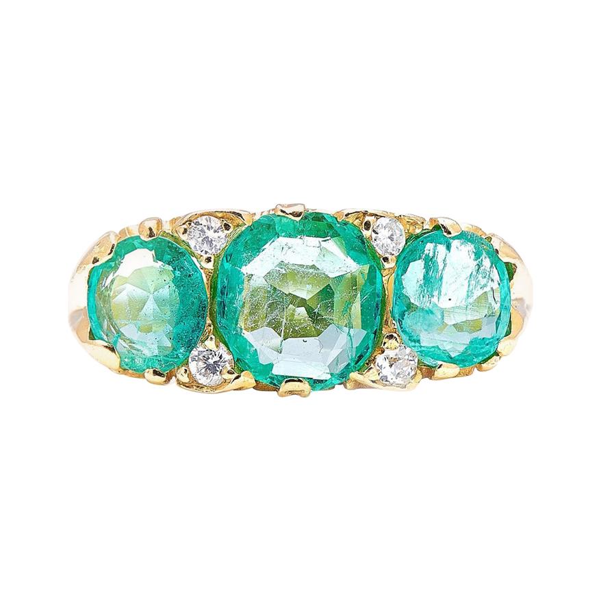 Vintage, 18ct Gold, Colombian Emerald and Diamond Three-Stone Ring For Sale