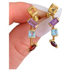Vintage 18ct Gold Contemporary Citrine Amethyst Blue Topaz and Garnet Earrings