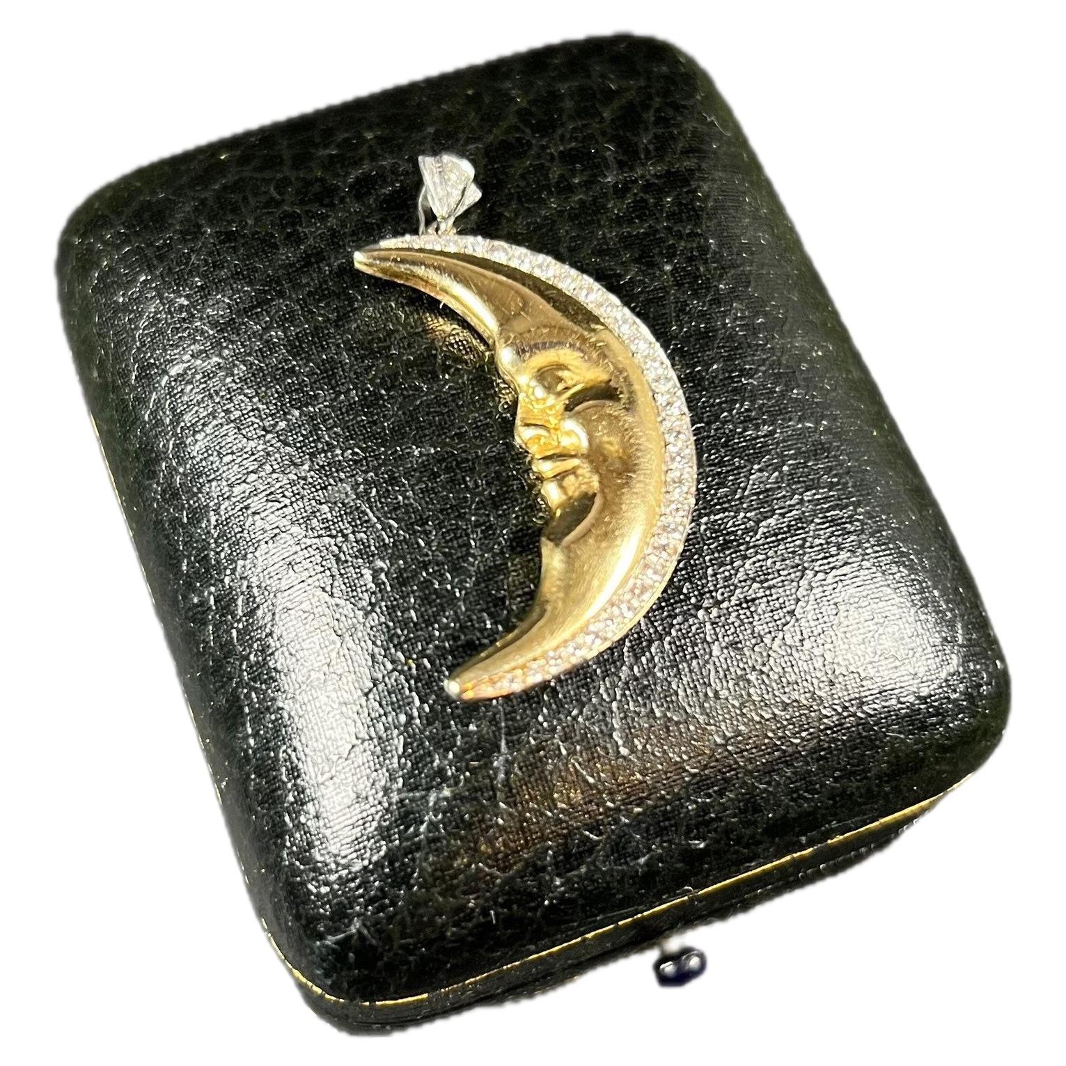 Pendentif lune vintage en or 18ct avec diamants contemporains