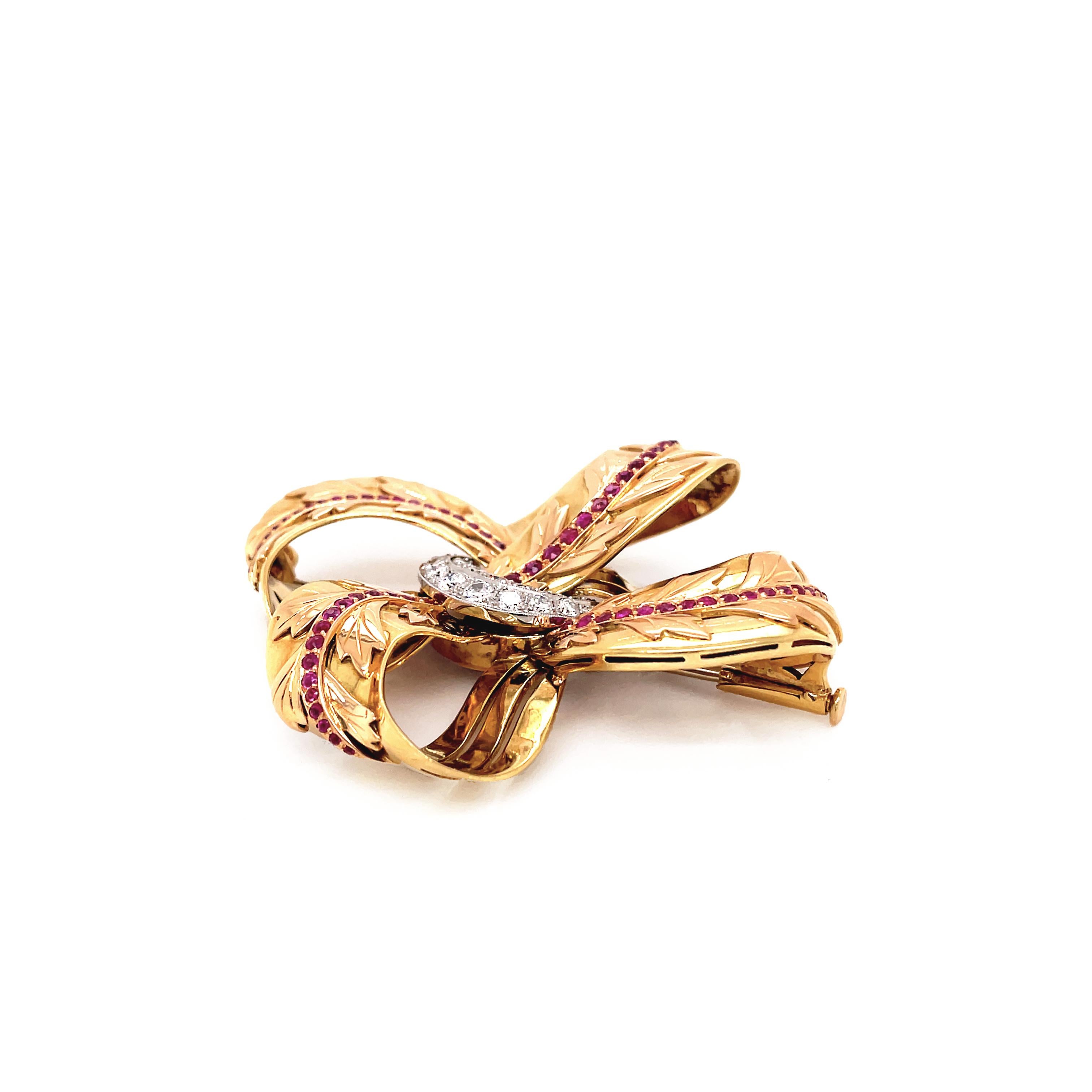 Round Cut Vintage 18ct Gold Diamond and Ruby Floral Ribbon Brooch, Circa 1950's For Sale