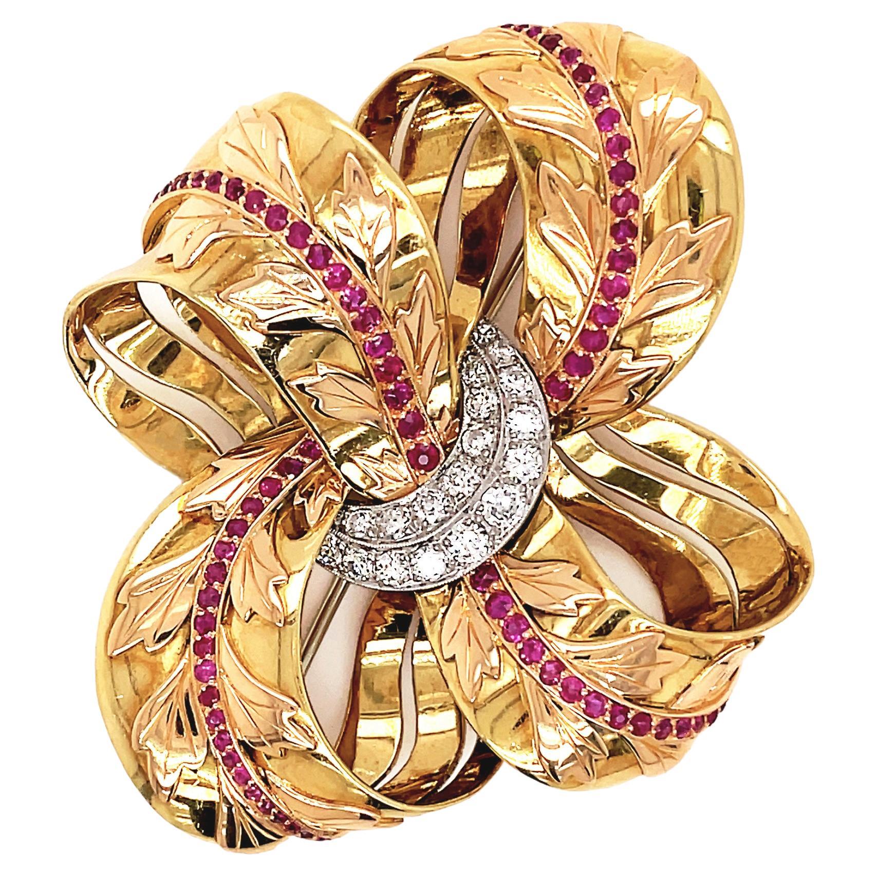 Vintage 18ct Gold Diamond and Ruby Floral Ribbon Brooch, Circa 1950's For Sale