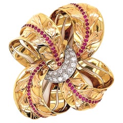 Vintage 18ct Gold Diamond and Ruby Floral Ribbon Brooch, Circa 1950's