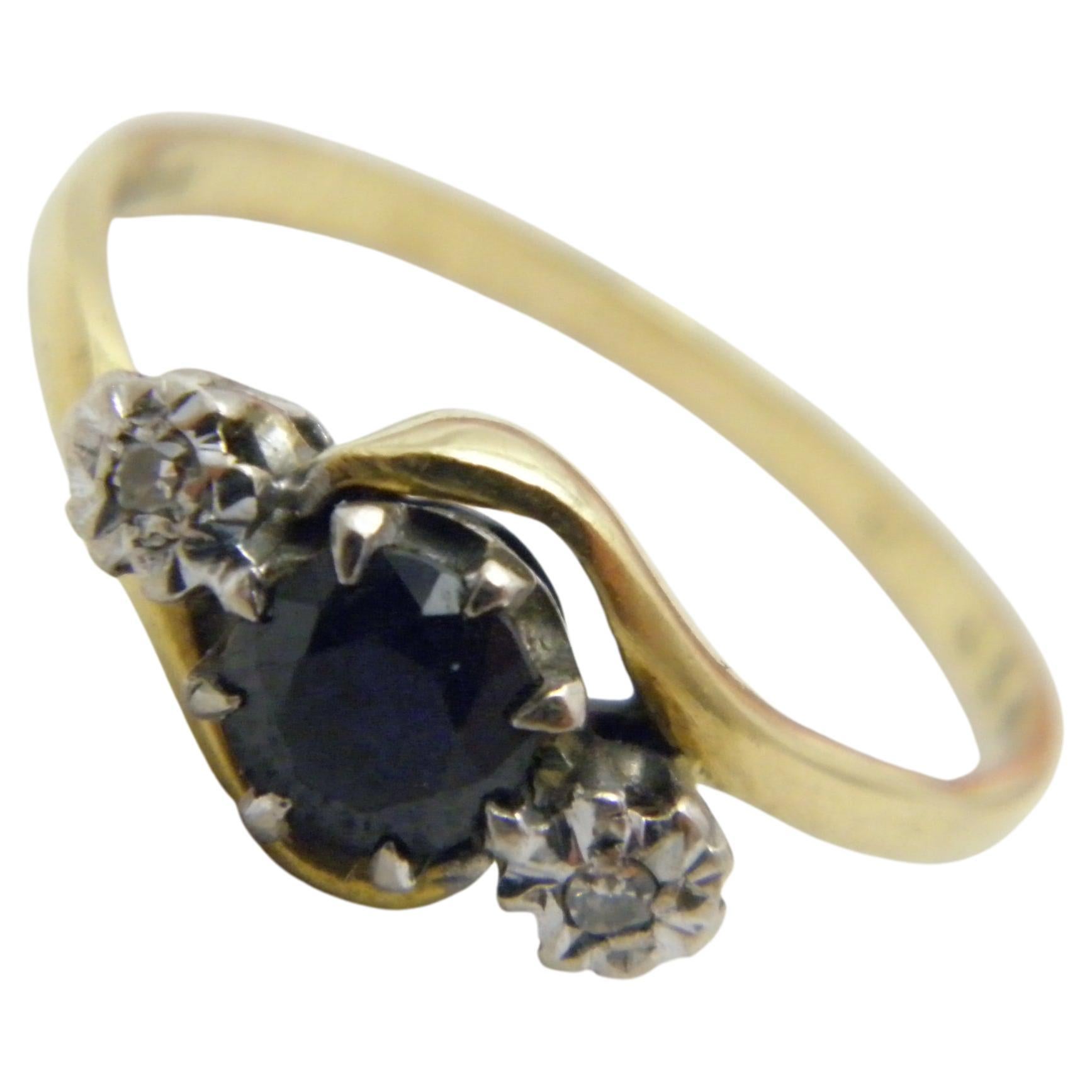 Vintage 18ct Gold Diamond Sapphire Trilogy Bypass Engagement Ring Size T 9.75 For Sale