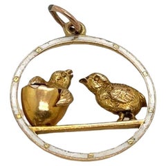Vintage 18ct Gold Enameled Twin Birdie Pendant
