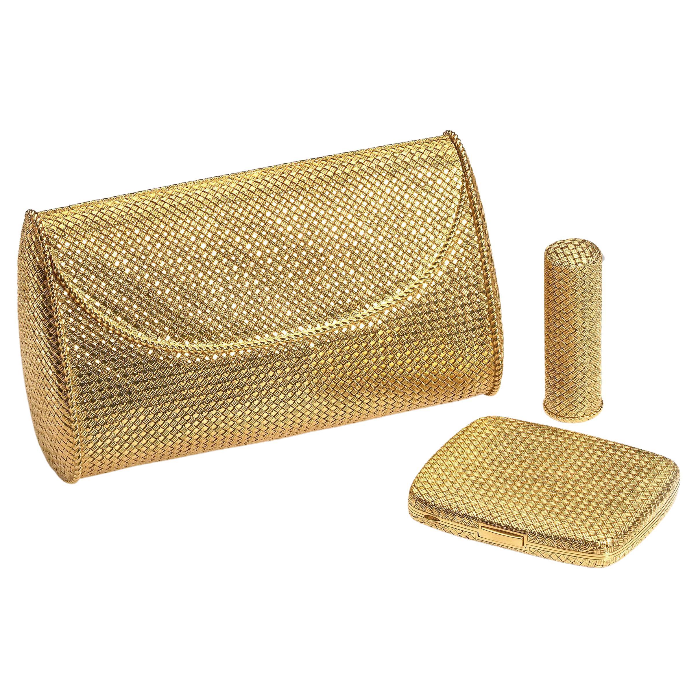 Vintage 18 Karat Gold Evening Suite of Bag, Compact Mirror and Lipstick Holder