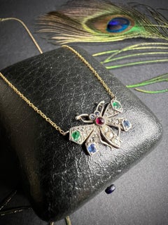 Vintage 18ct Gold Gemstone Butterfly Necklace