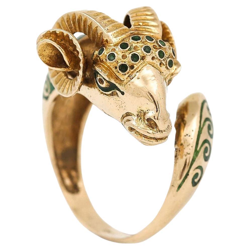 Vintage 18ct Gold Green Enamel Rams Head Celtic Ring