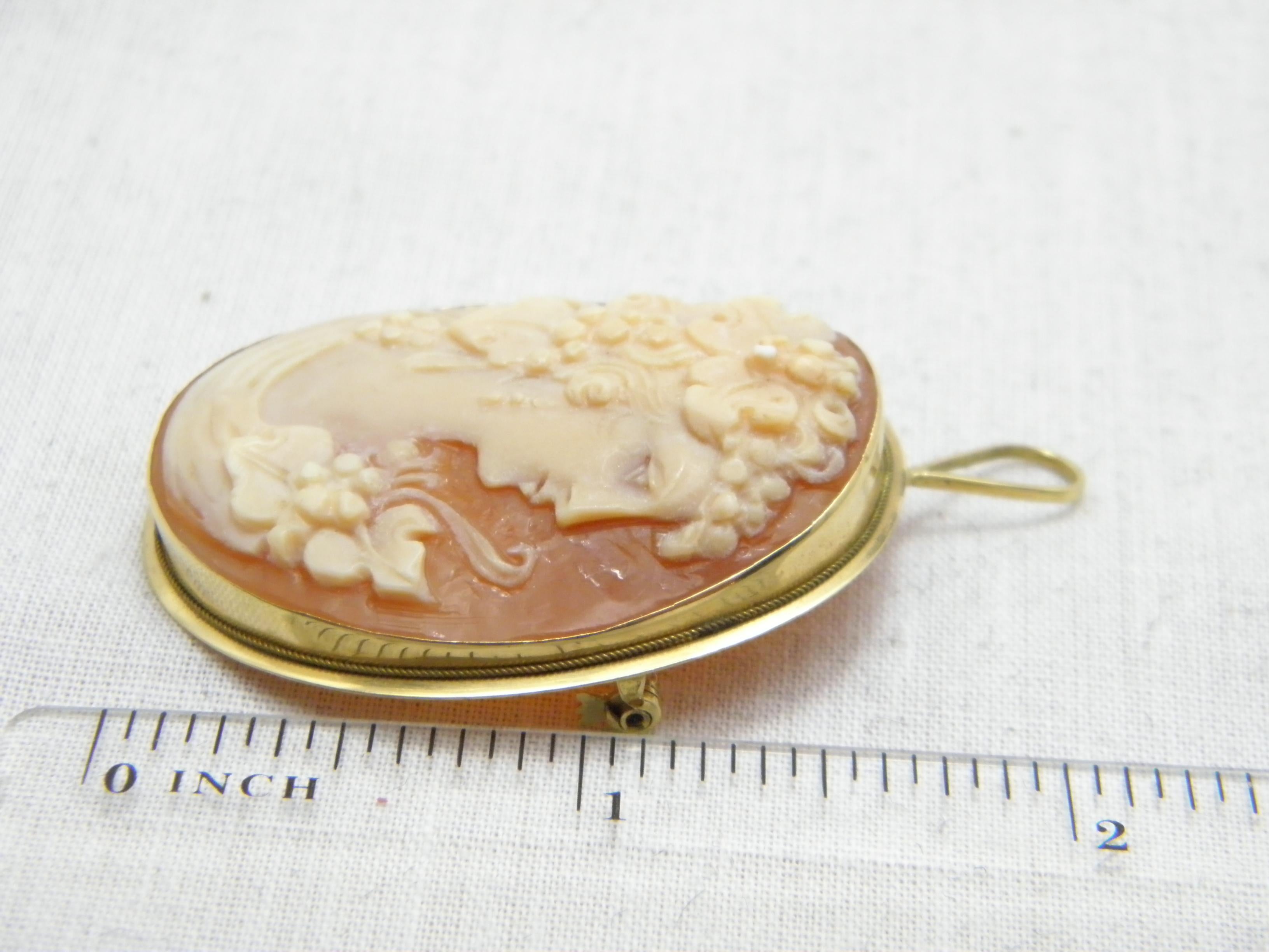 Vintage 18ct Gold Large Shell Cameo Brooch Pin c1970s Heavy 7.9g 750 Purity For Sale 7