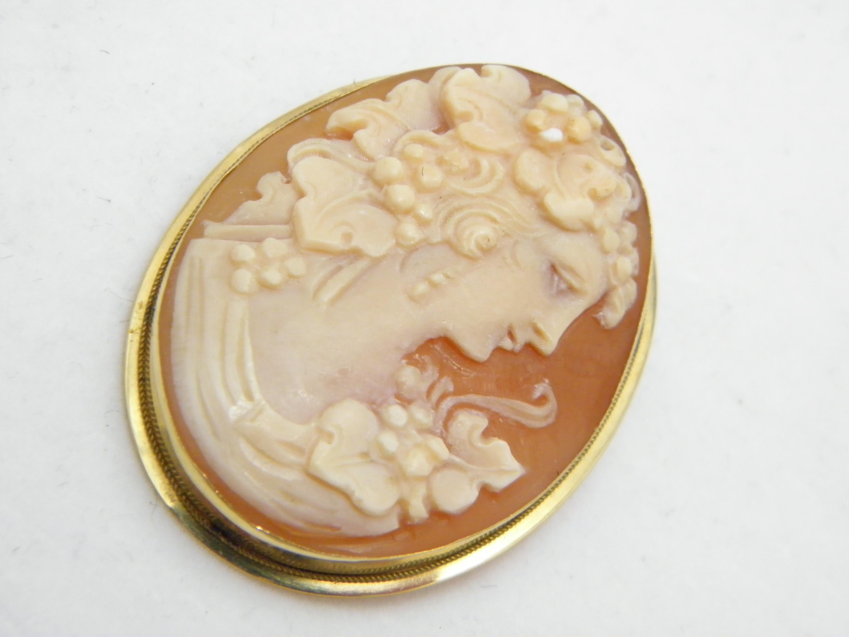 Victorian Vintage 18ct Gold Large Shell Cameo Brooch Pin c1970s Heavy 7.9g 750 Purity For Sale