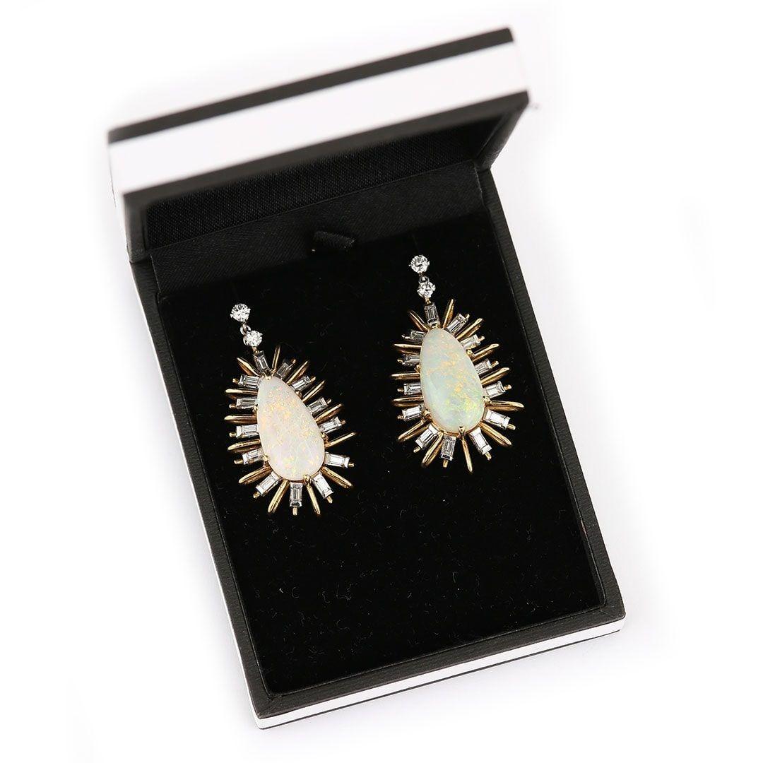 Vintage 18ct Gold Large Starburst Opal and Diamond Drop Earrings, Circa 1960 1